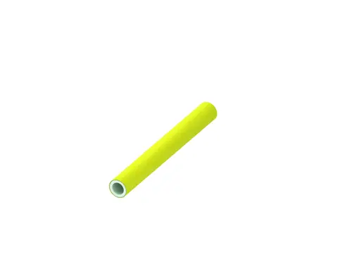 Gelbes Verbundrohr von TECE, cylindrical, mit glatter Oberfläche und hohlem Inneren, auf weißem Hintergrund.